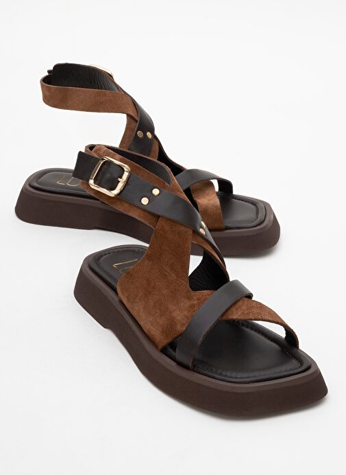 MİNNEA Kahverengi Süet Hakiki Deri Kadın Sandalet - Görsel 2