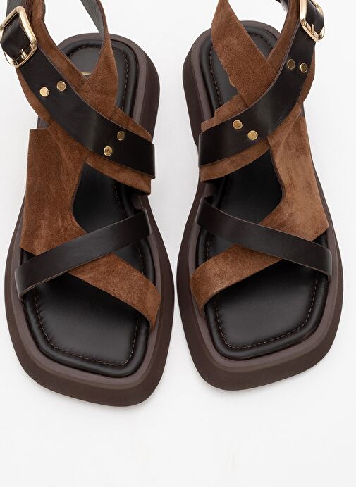 MİNNEA Kahverengi Süet Hakiki Deri Kadın Sandalet - Görsel 3