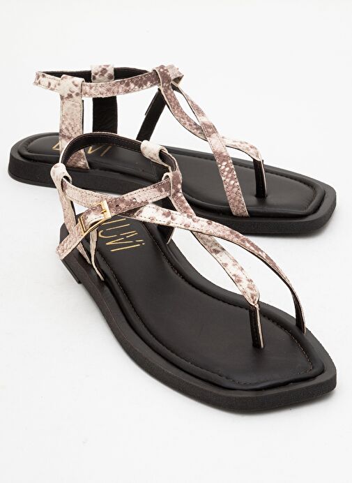 JAMİE Kahverengi Bej Desenli Hakiki Deri Kadın Parmak Arası Sandalet - Görsel 2