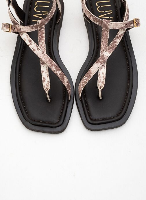 JAMİE Kahverengi Bej Desenli Hakiki Deri Kadın Parmak Arası Sandalet - Görsel 3