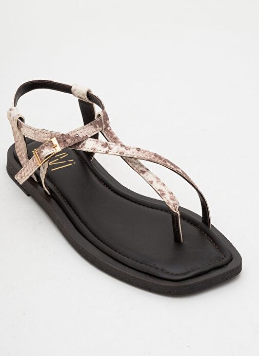 JAMİE Kahverengi Bej Desenli Hakiki Deri Kadın Parmak Arası Sandalet - Görsel 4