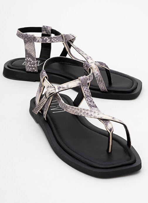 JAMİE Siyah Beyaz Desenli Hakiki Deri Kadın Parmak Arası Sandalet - Görsel 2