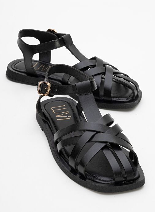 ANDRES Siyah Hakiki Deri Kadın Sandalet - Görsel 2