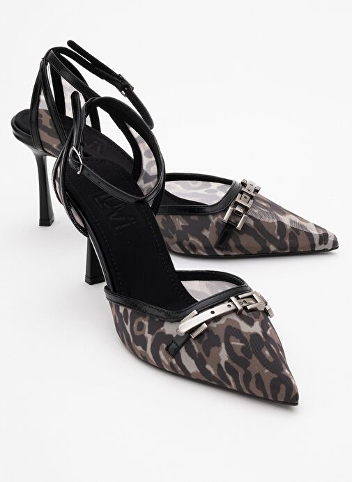 GİORNO Siyah Desenli Fileli Tokalı Kadın Bilekten Bağlamalı Topuklu Ayakkabı - Görsel 2
