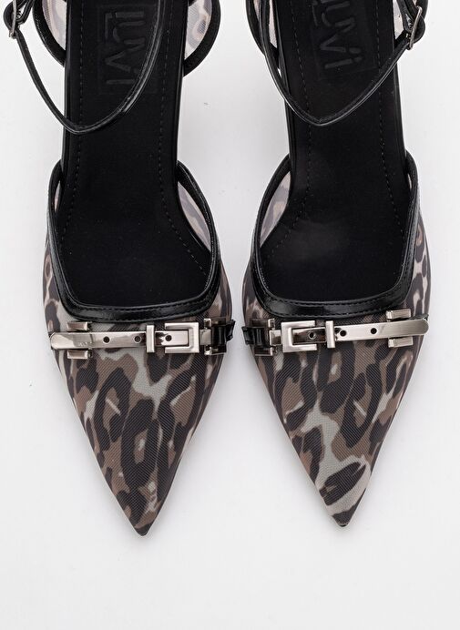 GİORNO Siyah Desenli Fileli Tokalı Kadın Bilekten Bağlamalı Topuklu Ayakkabı - Görsel 3