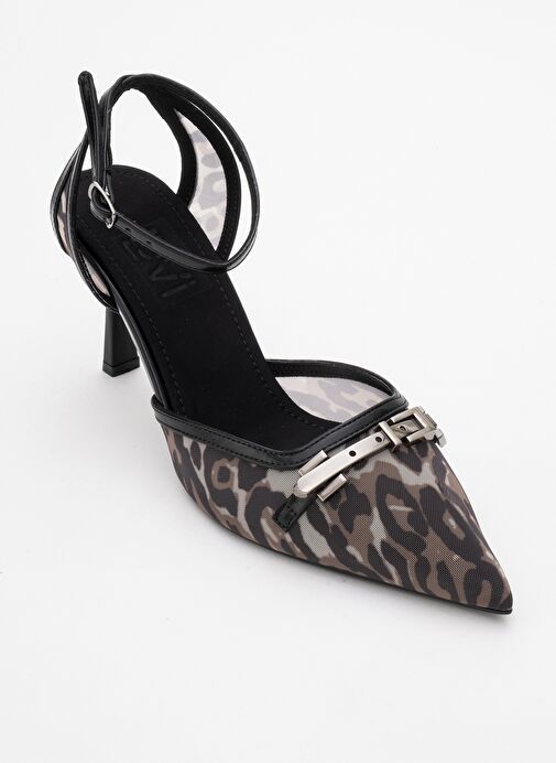 GİORNO Siyah Desenli Fileli Tokalı Kadın Bilekten Bağlamalı Topuklu Ayakkabı - Görsel 4