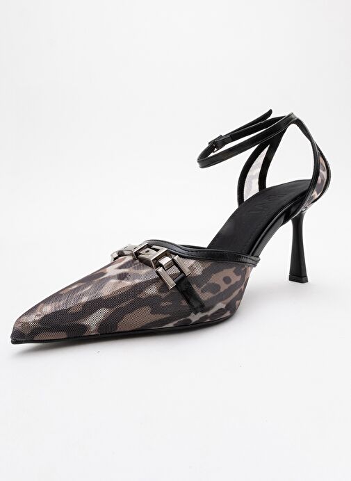 GİORNO Siyah Desenli Fileli Tokalı Kadın Bilekten Bağlamalı Topuklu Ayakkabı - Görsel 5