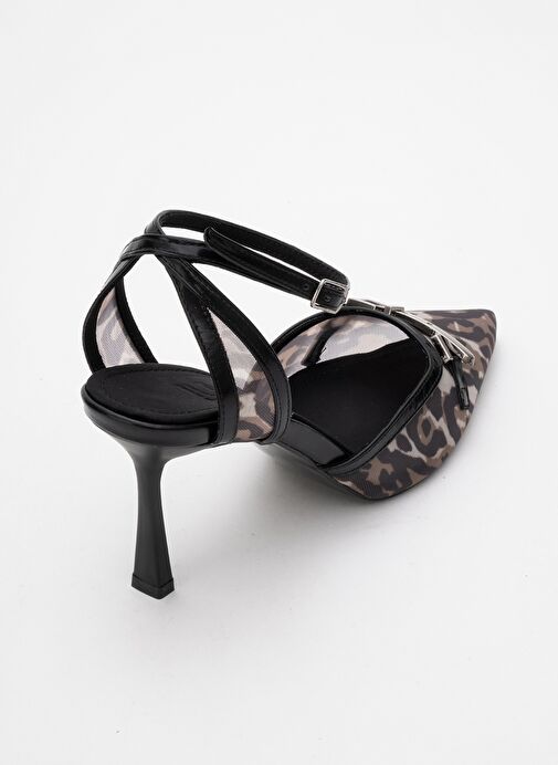 GİORNO Siyah Desenli Fileli Tokalı Kadın Bilekten Bağlamalı Topuklu Ayakkabı - Görsel 6
