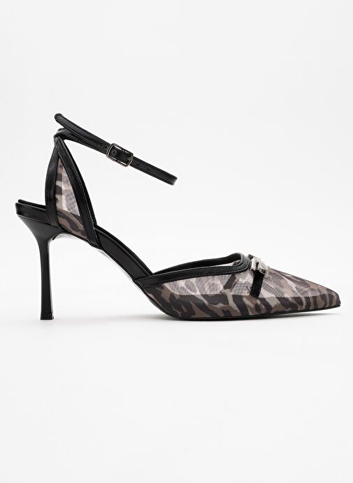 GİORNO Siyah Desenli Fileli Tokalı Kadın Bilekten Bağlamalı Topuklu Ayakkabı - Görsel 7