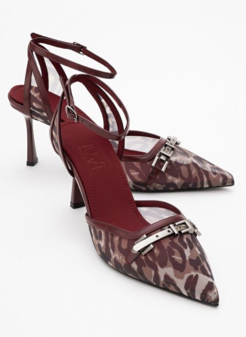 GİORNO Bordo Desenli Fileli Tokalı Kadın Bilekten Bağlamalı Topuklu Ayakkabı - Görsel 2