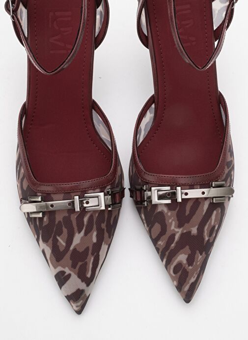 GİORNO Bordo Desenli Fileli Tokalı Kadın Bilekten Bağlamalı Topuklu Ayakkabı - Görsel 3