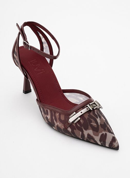 GİORNO Bordo Desenli Fileli Tokalı Kadın Bilekten Bağlamalı Topuklu Ayakkabı - Görsel 4