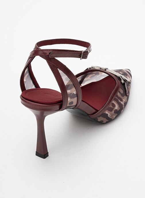 GİORNO Bordo Desenli Fileli Tokalı Kadın Bilekten Bağlamalı Topuklu Ayakkabı - Görsel 6