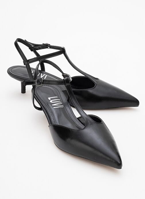 ASHER Siyah Cilt Sivri Burun Arkası Açık Kadın Kısa Topuklu Ayakkabı - Görsel 2