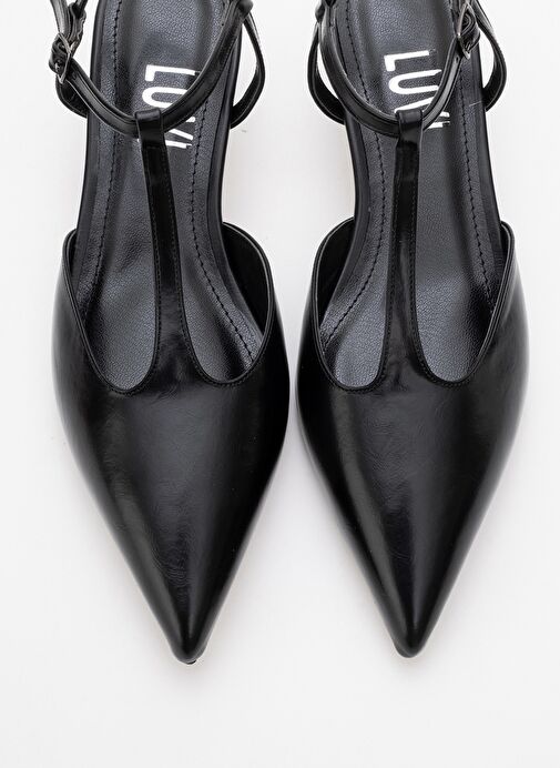 ASHER Siyah Cilt Sivri Burun Arkası Açık Kadın Kısa Topuklu Ayakkabı - Görsel 3