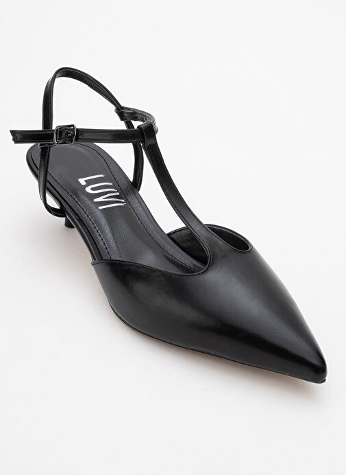 ASHER Siyah Cilt Sivri Burun Arkası Açık Kadın Kısa Topuklu Ayakkabı - Görsel 4