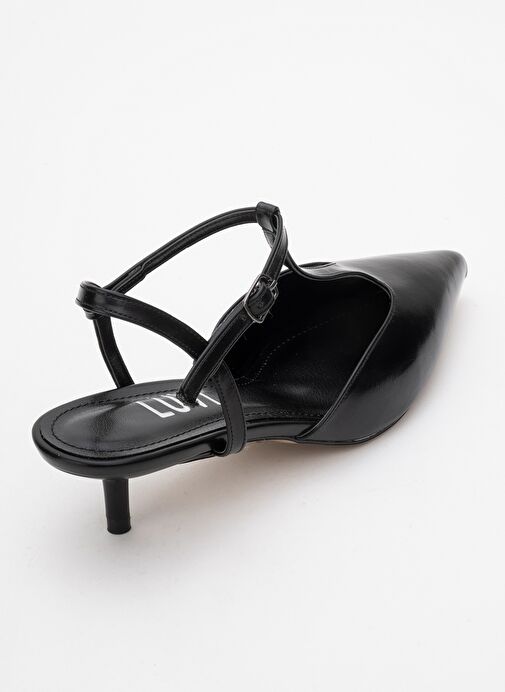 ASHER Siyah Cilt Sivri Burun Arkası Açık Kadın Kısa Topuklu Ayakkabı - Görsel 6