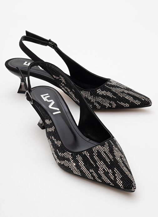 USHES Siyah Saten Taşlı Kadın Kısa Topuklu Abiye Ayakkabı - Görsel 2