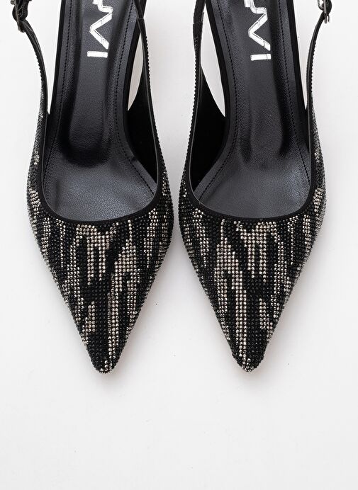 USHES Siyah Saten Taşlı Kadın Kısa Topuklu Abiye Ayakkabı - Görsel 3