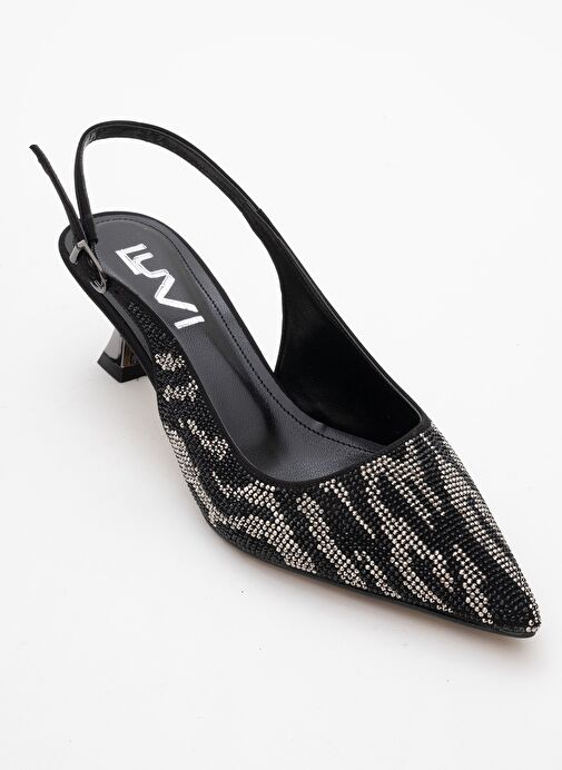 USHES Siyah Saten Taşlı Kadın Kısa Topuklu Abiye Ayakkabı - Görsel 4