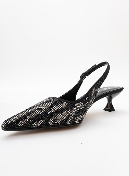 USHES Siyah Saten Taşlı Kadın Kısa Topuklu Abiye Ayakkabı - Görsel 5