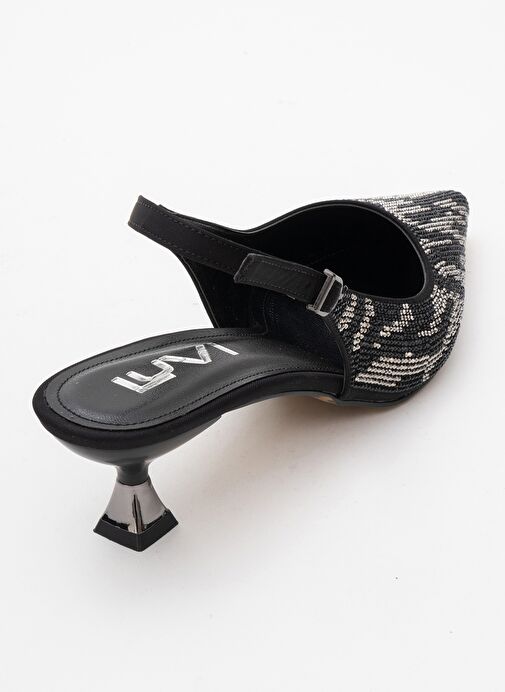 USHES Siyah Saten Taşlı Kadın Kısa Topuklu Abiye Ayakkabı - Görsel 6