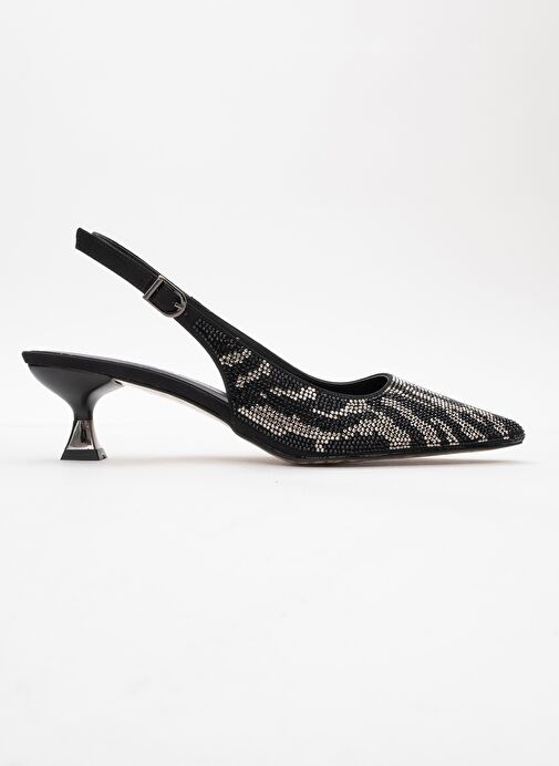 USHES Siyah Saten Taşlı Kadın Kısa Topuklu Abiye Ayakkabı - Görsel 7