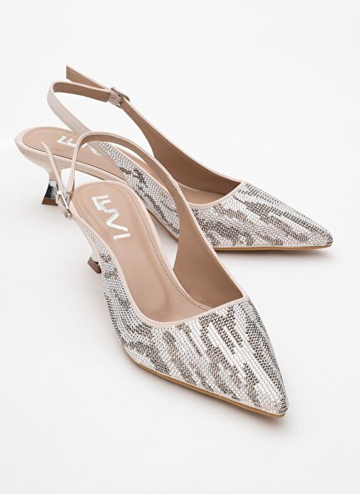USHES Bej Saten Taşlı Kadın Kısa Topuklu Abiye Ayakkabı - Görsel 2
