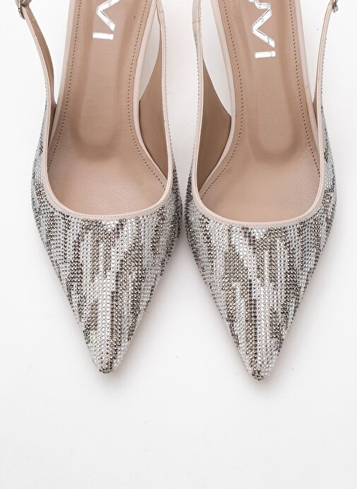 USHES Bej Saten Taşlı Kadın Kısa Topuklu Abiye Ayakkabı - Görsel 3