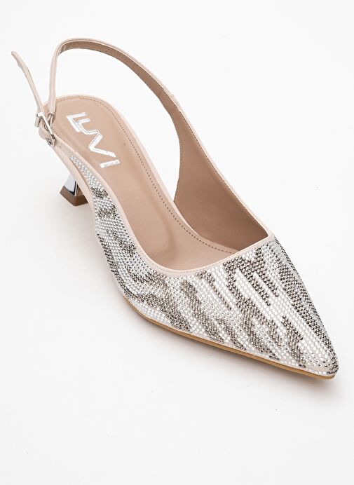 USHES Bej Saten Taşlı Kadın Kısa Topuklu Abiye Ayakkabı - Görsel 4