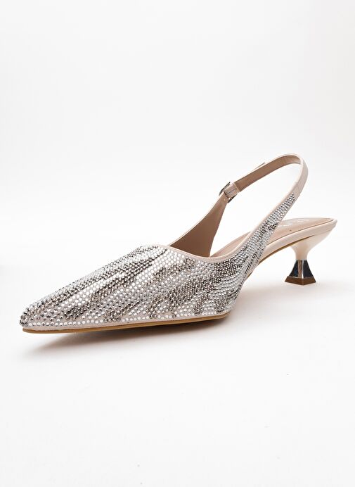 USHES Bej Saten Taşlı Kadın Kısa Topuklu Abiye Ayakkabı - Görsel 5