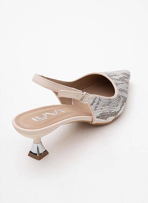 USHES Bej Saten Taşlı Kadın Kısa Topuklu Abiye Ayakkabı - Görsel 6
