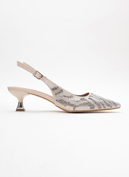 USHES Bej Saten Taşlı Kadın Kısa Topuklu Abiye Ayakkabı - Görsel 7