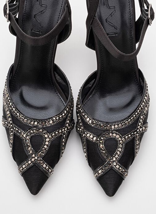 VOLBY Siyah Saten Taşlı Kadın Abiye Ayakkabı - Görsel 3