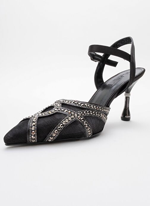 VOLBY Siyah Saten Taşlı Kadın Abiye Ayakkabı - Görsel 5