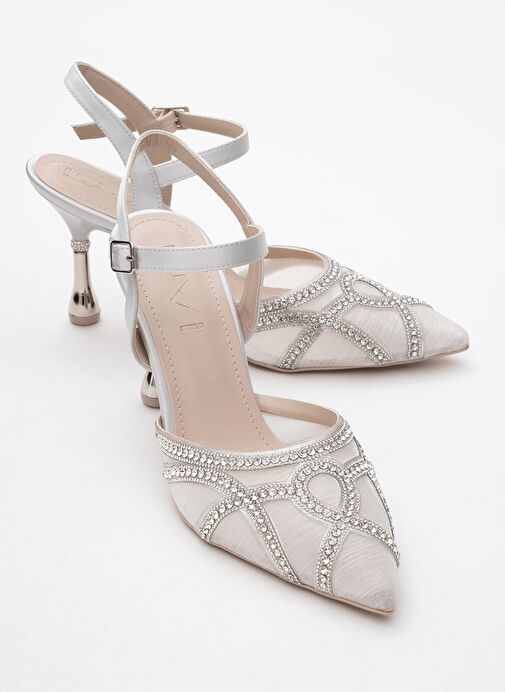 VOLBY Gümüş Saten Taşlı Kadın Abiye Ayakkabı - Görsel 2