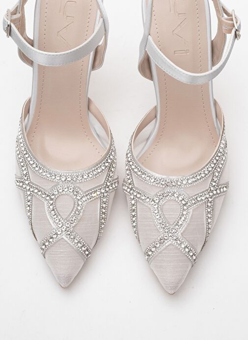 VOLBY Gümüş Saten Taşlı Kadın Abiye Ayakkabı - Görsel 3