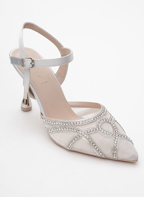 VOLBY Gümüş Saten Taşlı Kadın Abiye Ayakkabı - Görsel 4