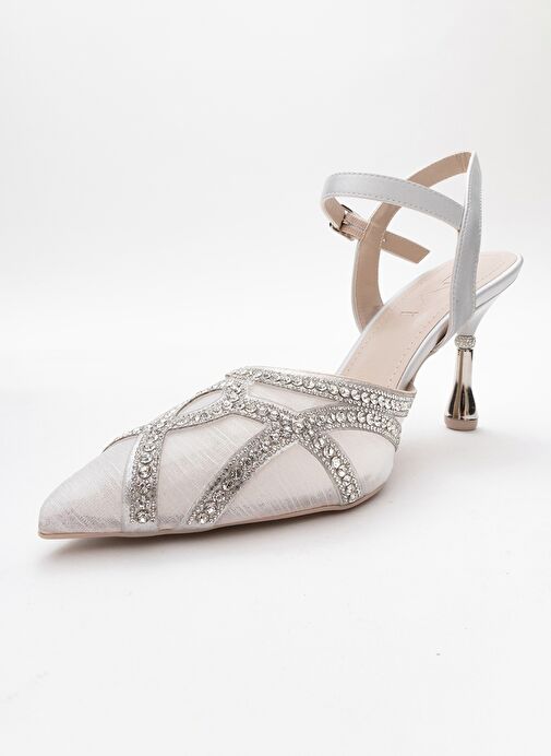 VOLBY Gümüş Saten Taşlı Kadın Abiye Ayakkabı - Görsel 5