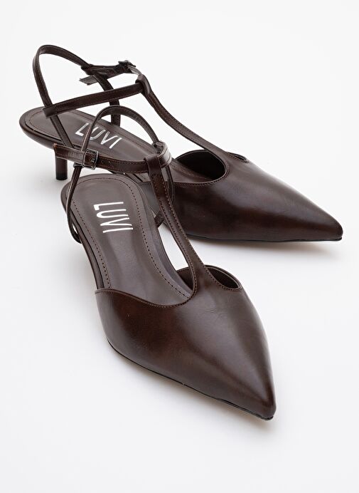 ASHER Kahverengi Cilt Sivri Burun Arkası Açık Kadın Kısa Topuklu Ayakkabı - Görsel 2