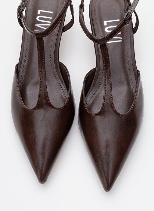 ASHER Kahverengi Cilt Sivri Burun Arkası Açık Kadın Kısa Topuklu Ayakkabı - Görsel 3