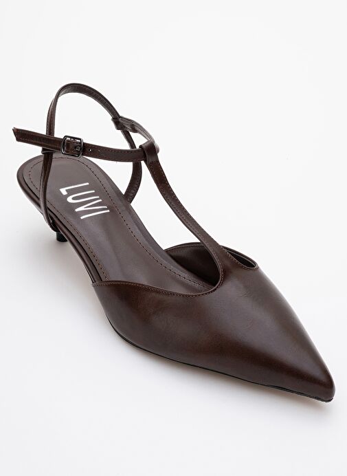 ASHER Kahverengi Cilt Sivri Burun Arkası Açık Kadın Kısa Topuklu Ayakkabı - Görsel 4