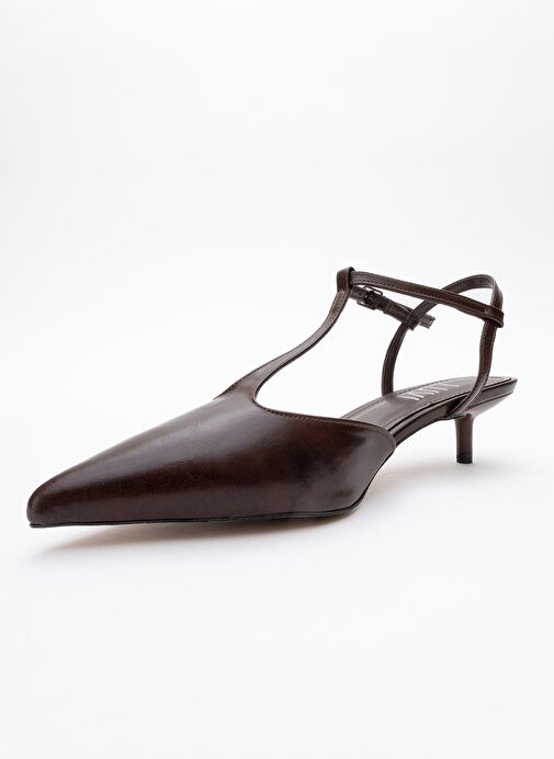 ASHER Kahverengi Cilt Sivri Burun Arkası Açık Kadın Kısa Topuklu Ayakkabı - Görsel 5
