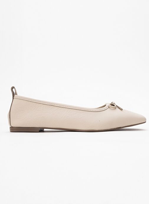 SOSA Ekru Cilt Hakiki Deri Küt Burunlu Fiyonklu Kadın Babet Ayakkabı - Görsel 7