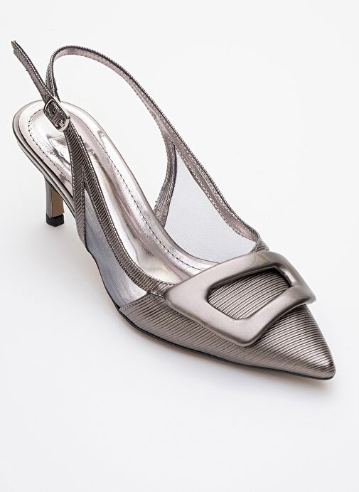 FOLEY Platin Çizgili Kadın Sivri Burun Arkası Açık İnce Topuklu Ayakkabı - Görsel 3