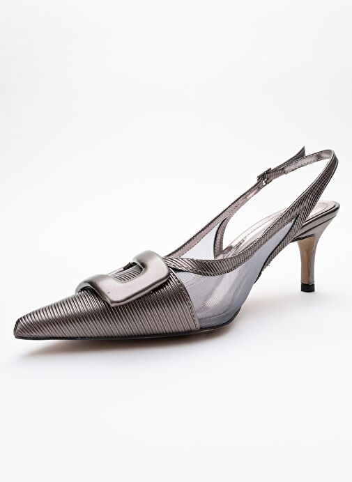 FOLEY Platin Çizgili Kadın Sivri Burun Arkası Açık İnce Topuklu Ayakkabı - Görsel 4