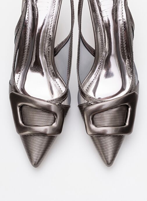 FOLEY Platin Çizgili Kadın Sivri Burun Arkası Açık İnce Topuklu Ayakkabı - Görsel 7