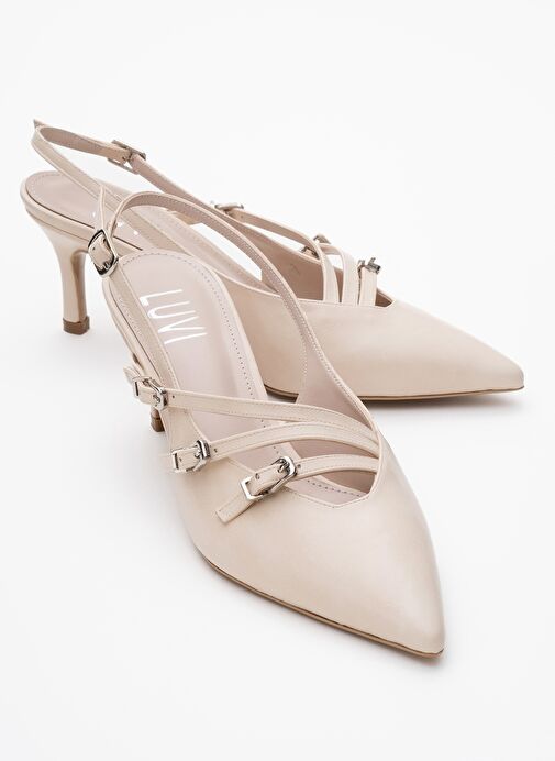 MAGRA Bej Cilt Sivri Burun Arkası Açık İnce Topuklu Kadın Ayakkabı - Görsel 2
