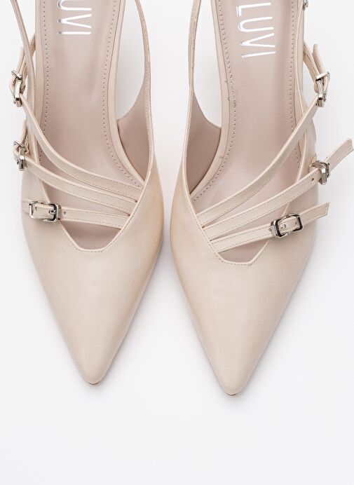 MAGRA Bej Cilt Sivri Burun Arkası Açık İnce Topuklu Kadın Ayakkabı - Görsel 3