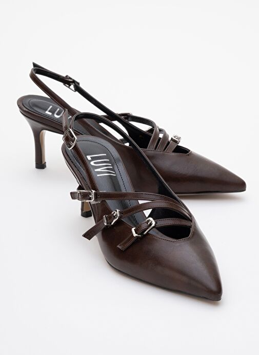 MAGRA Kahverengi Cilt Sivri Burun Arkası Açık İnce Topuklu Kadın Ayakkabı - Görsel 2